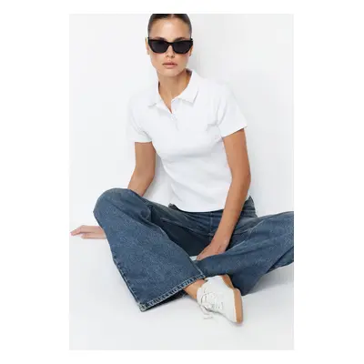 Trendyol White Polo Collar Buttoned Short Sleeve Flexible Ribbed Knitted Knitted Blouse