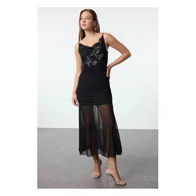 Trendyol Black Stone Print Tulle Knit Dress