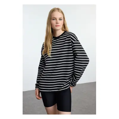 Trendyol Black Striped Oversize/Wide Cut Crew Neck Thin Knitted Sweatshirt