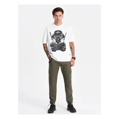 Ombre Men's pants with cargo pockets and leg hem - dark olive green