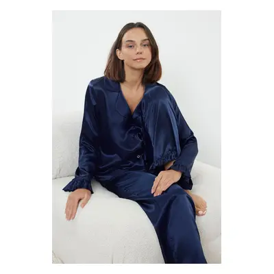 Trendyol Navy Blue Ruffle Detailed Satin Woven Pajama Set