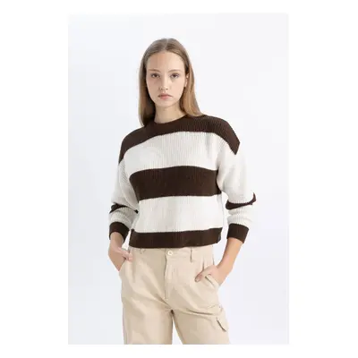 DEFACTO Women's Cool Oversize Wide Pattern Crew Neck Striped Knitwear Sweater