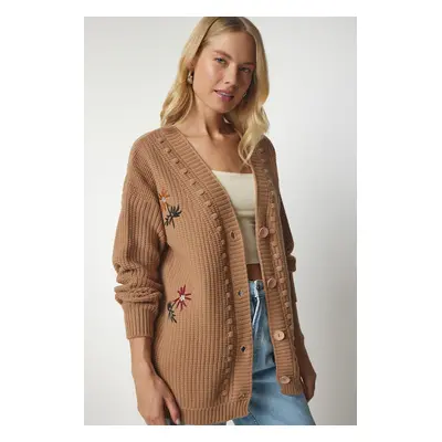 Happiness İstanbul Women's Biscuit Floral Embroidered Textured Knitwear Cardigan