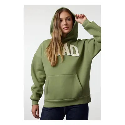 Trendyol Green Thick Fleece Slogan Printed Hooded Oversize/Wide Cut Knitted Sweatshirt