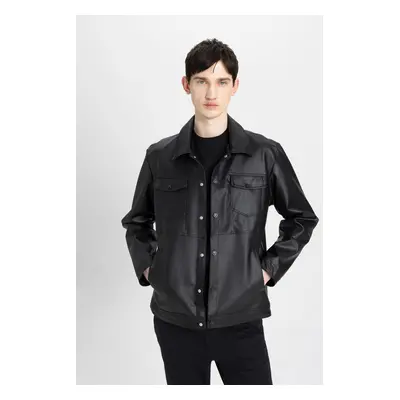 DEFACTO Slim Fit Shirt Collar Taffeta Faux Leather Coat