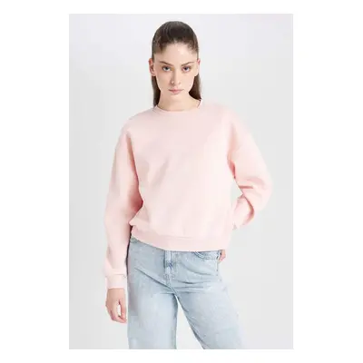 DEFACTO Women's Pink Regular Fit Crew Neck Thick Basic Plain Sweatshirt