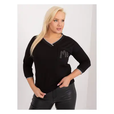 Plus size black casual blouse with pocket