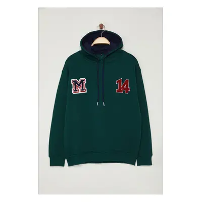 Trendyol Emerald Green Oversize/Wide Cut Letter Patch and Embroidery Detailed Hooded Sweatshirt