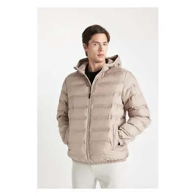 DEFACTO Men's Beige Water Repellent Slim Fit Slim Cut Hooded Zippered Pocket Puffer Jacket