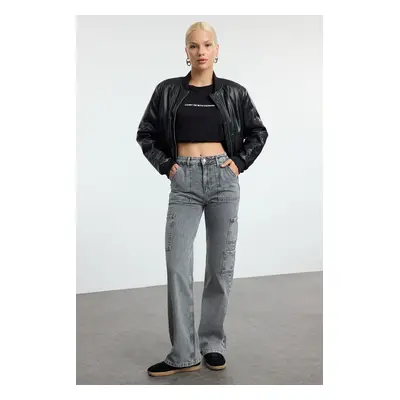 Trendyol Gray Cargo Pocket High Waist Wide Leg Jeans