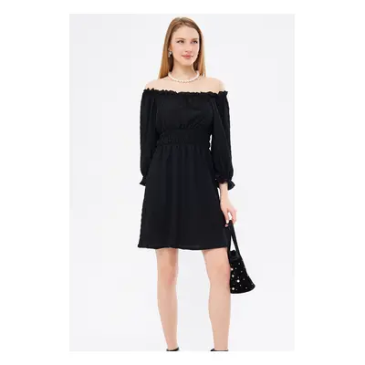 armonika Women's Black Madonna Collar Elastic Waist Crepe Dress