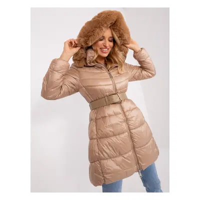 Dark beige women's winter jacket with hood