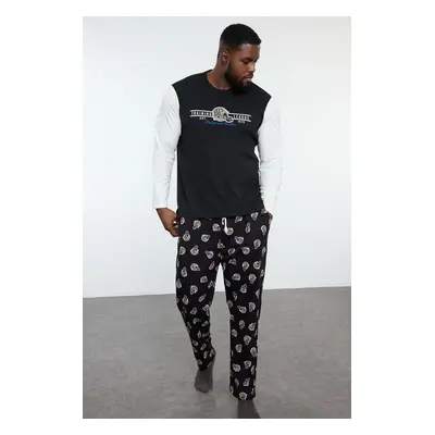 Trendyol Men's Black Regular Fit Printed Knitted Plus Size Pajama Set