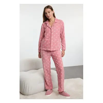 Trendyol Dusty Rose Winter Themed Pocket Polar Fleece Knitted Pajama Set