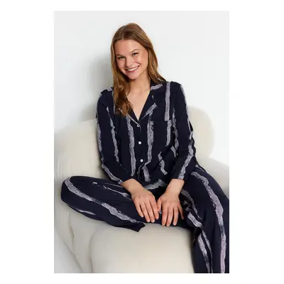 Trendyol Premium Navy Blue Cotton Striped Shirt-Pants Knitted Pajamas Set