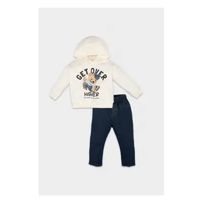 DEFACTO Baby Boy Bear Printed Hooded Sweatshirt Jean Pants 2-Piece Set