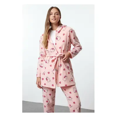 Trendyol Hello Kitty Licensed Pink-Multicolored Belted Polar Fleece Knitted Dressing Gown