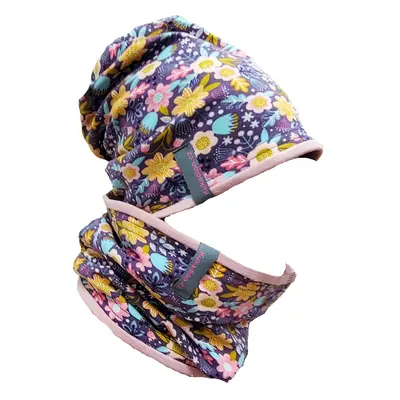 Cotton cap + neck warmer / purple flowers