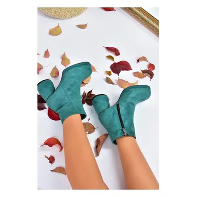 Fox Shoes Women's Green Suede Thick Heeled Daily Boots