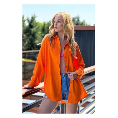 Trend Alaçatı Stili Women's Orange Motif Oversize Linen Shirt