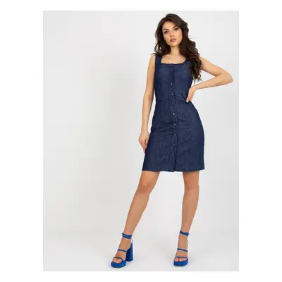 Navy blue denim zippered dress with snap studs