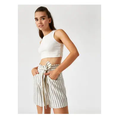 Koton High Waist Striped Shorts With Pockets With A Belt.