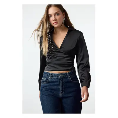 Trendyol Black Woven Double Breasted Shiny Stone Satin Shirt