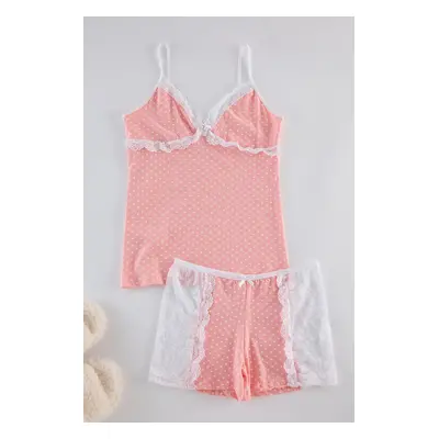 Trendyol Pink Cotton Polka Dot Lace and Ribbon/Bow Detailed Knitted Pajama Set