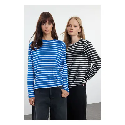 Trendyol Black-Navy Blue Pack Striped Regular/Normal Pattern Knitted T-Shirt