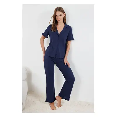 Trendyol Indigo 100% Cotton Ruffle Detailed Knitted Pajama Set