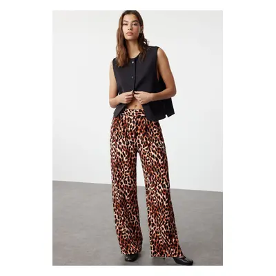 Trendyol Brown Leopard Patterned Velcro Closure High Waist Pleated Wide Leg Trousers