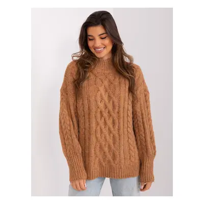 Camel sweater with cables and cuffs