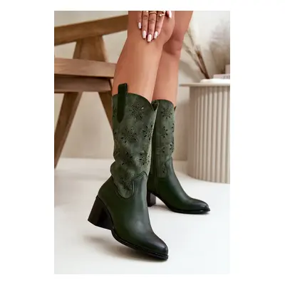 Women's mid-calf openwork boots made of eco suede green Nevilos