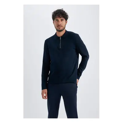 DEFACTO Navy Blue Slim Fit Slim Cut Polo Collar Half Zipper Knitwear Sweater