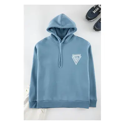 Trendyol Blue Hooded Oversize/Wide Cut College Printed Cotton Fleece Sweatshirt