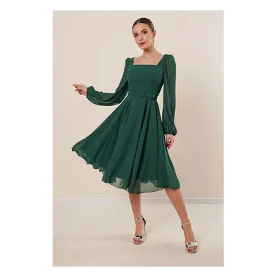 By Saygı Square Neck Waist Belted Lined Flared Chiffon Dress Emerald