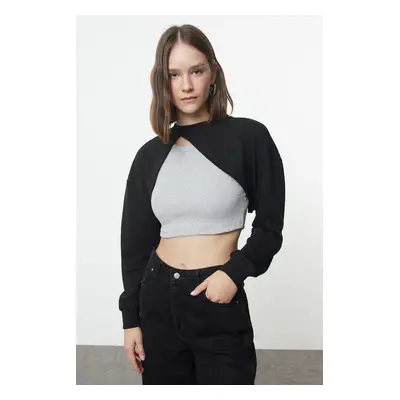 Trendyol Black Asymmetrical Super Crop Crew Neck Thin Knitted Sweatshirt