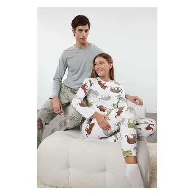 Trendyol Women's Couple White 100% Cotton Tiger Patterned Knitted Pajama Set