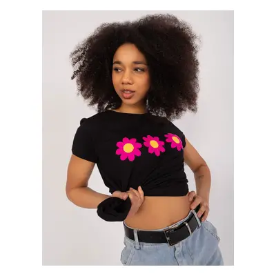 Black T-shirt with floral embroidery BASIC FEEL GOOD