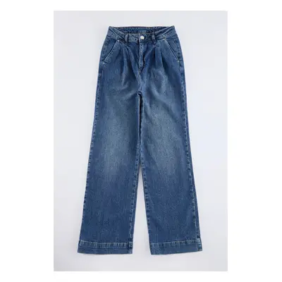 Trendyol Blue Pleated Comfort High Waist Wide Leg Jeans