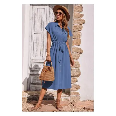 Madmext Blue Shirt Collar Long Dress