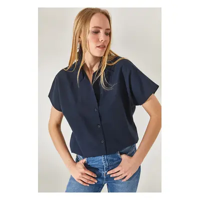 Olalook Women's Navy Blue Bat Oversize Linen Shirt