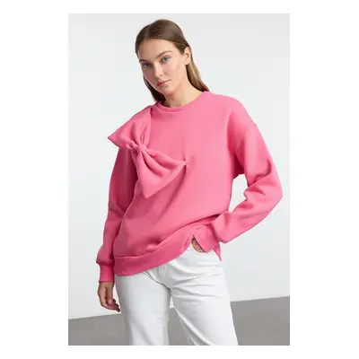 Trendyol Pink Thin Crew Neck Ribbon Detailed Oversize/Comfortable Fit Knitted Sweatshirt