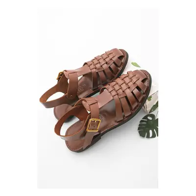 Marjin Women's Genuine Leather Lightweight EVA Sole Daily Sandals, Kesva, tan.