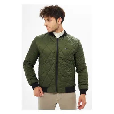 River Club Men's Khaki College Collar Water And Windproof Quilted Patterned Fiber Coat