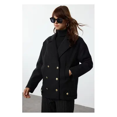 Trendyol Black Regular Button Detailed Soft Textured Short Coat