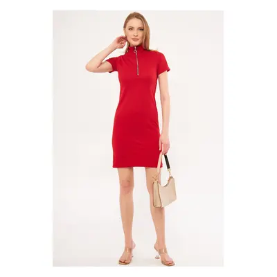 armonika Women's Red Collar Zippered Body-Fitting Above Knee Short Sleeve Dress