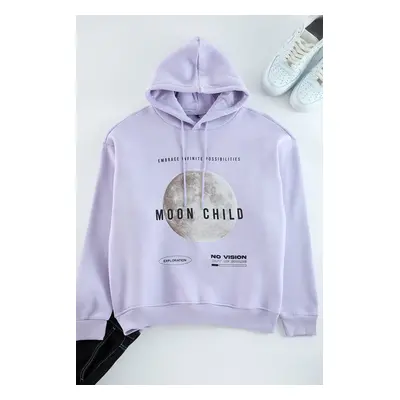 Trendyol Lilac Oversize/Wide Cut Hooded Fleece Inside Printed Sweatshirt