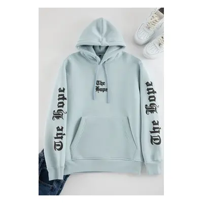 Trendyol Ice Blue Regular Cut Sleeve Text Printed Hooded Sweatshirt