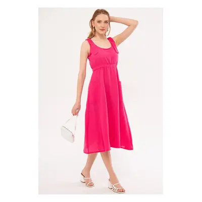 armonika Women's Fuchsia Dekatria Dress with Elastic Waist and Straps and Pockets Linen Look Mid